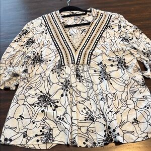Anthropologie Cream and Black Floral Blouse